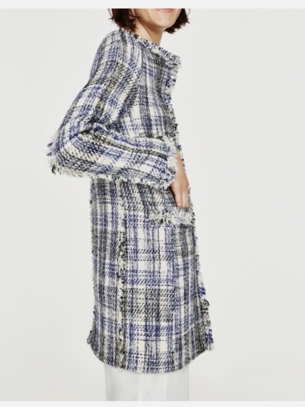 Zara Check plaid Tweed Frayed Frock blazer Coat.